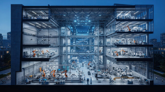 A colossal robotics research center imagined as a futuristic cutaway: autonomous quadruped machines, robotic arms, motion-capture drones, and modular assembly rails inside a glowing steel atrium