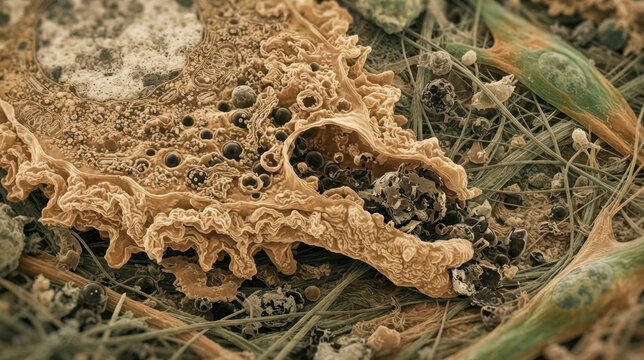 A macrophage engulfing debris in a tissue microenvironment, with a pseudopod wrapping around apoptotic fragments, lysosome-like vesicles, and scattered extracellular particles. Muted amber, green