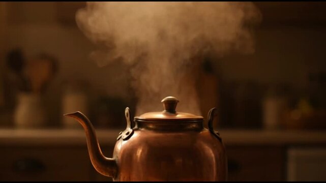 Vintage Copper Kettle Steaming Hot Water for Tea or Coffee in Cozy Kitchen