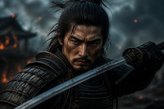 Samurai warrior poised with drawn sword in ruined village