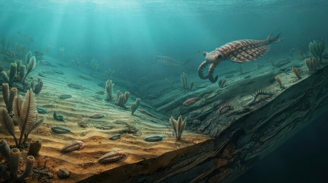 Cambrian seabed cut through in dramatic perspective, showing trilobites crawling over rippled sand beside Anomalocaris, sponges, and strange soft-bodied life. Turquoise haze, mineral sediments