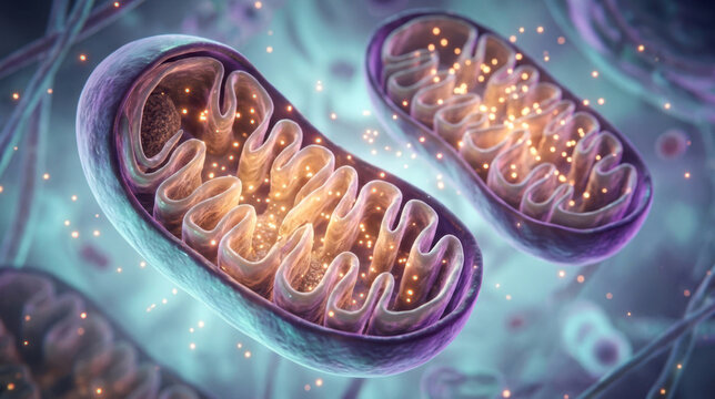 Interior view of mitochondria powering a cell, with folded cristae, ATP-like energy sparks, and a surrounding cytoplasmic haze. The scene is framed as a luminous cutaway, using amber, violet, and