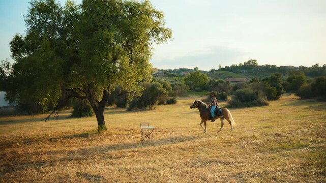 Man on horseback comes to rest under the shade of a tree in the countryside