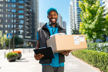 A delivery worker stands on a city street, holding a package in one hand and a tablet in the other. Tall buildings and greenery are visible around him. It is daytime and sunny. © Videophilia