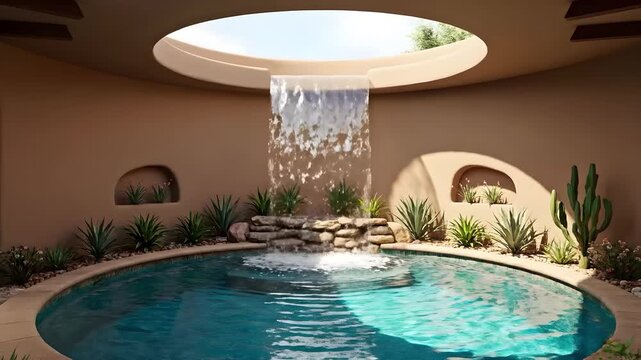 Swimming pool with waterfall flowing from circular skylight in luxury home