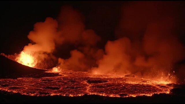 Volcano Eruption at Night Fiery Lava Flow, Molten Rock, and Volcanic Steam