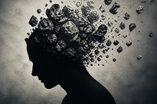 Human silhouette with fragmented rock pieces erupting from head