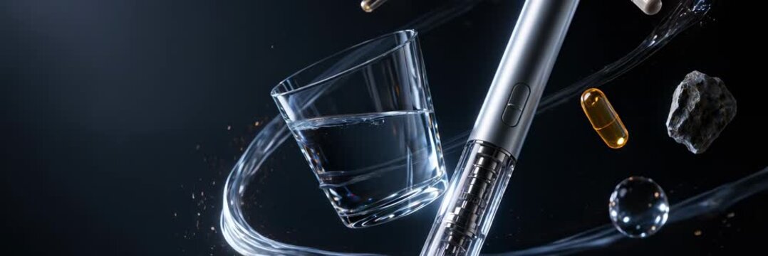 GLP-1 injection pen with capsules falling near a glass of water, animated website banner with copy space