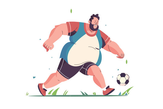 overweight man playing socer isolated