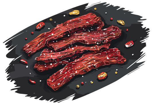 Peppery Beef Jerky Strips on Dark Background isolated illustration