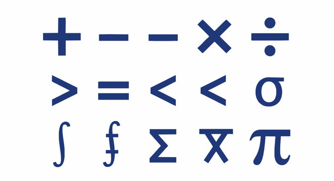 Set of blue mathematical and scientific symbols arranged in a grid on a plain white background for educational use
