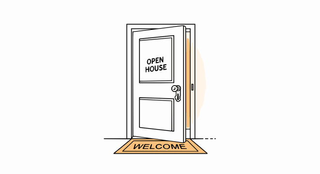 Minimalist vector illustration of an open door with a welcome mat signifying a real estate open house event concept