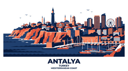 Obraz premium Antalya Turkey Mediterranean Coast Skyline Vector Illustration in Orange, Navy Blue and White Modern Flat Travel Style