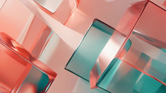 Shimmering coral and teal glass shapes shift in glowing gradient motion toward innovation and harmony perfect for advertising presentation and background design