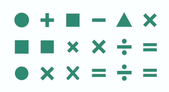 Set of various green geometric shapes and mathematical arithmetic symbols arranged in a grid on a plain white background