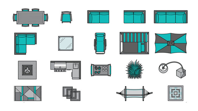 Stylized furniture illustrations in top-down plan view for architectural blueprints, interior design layouts, and home space planning, featuring essential indoor and outdoor decor elements
