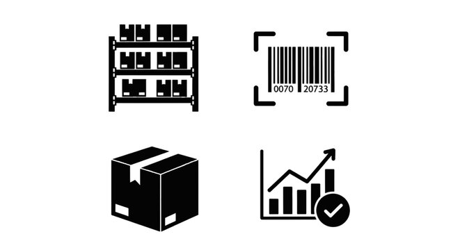 Vector illustration of set of logistics and warehouse icons including storage shelves and barcode on a transparent background