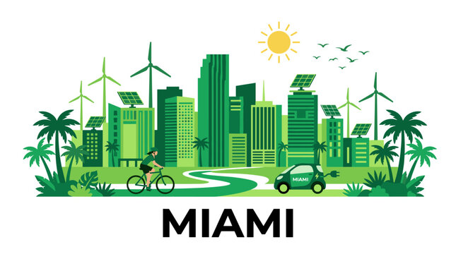 Vibrant Miami Eco Skyline Vector Illustration with Sustainable Architecture, Green Mobility and Flat Urban Design in Fresh Green Palette