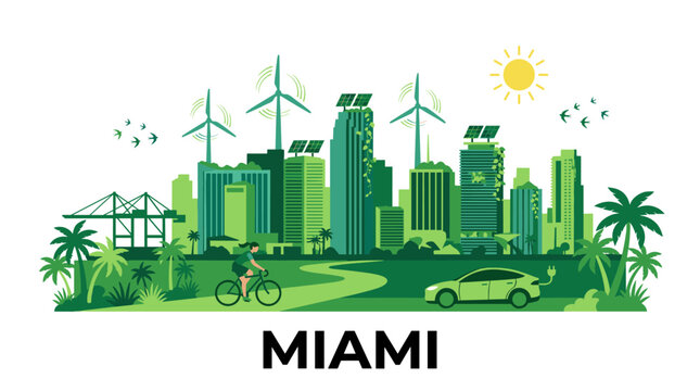 Eco Miami Skyline Vector Illustration Featuring Green Urban Architecture, Renewable Energy and Tropical Flat Design in Fresh Green Colors