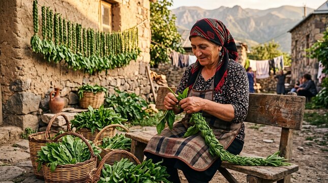 Authentic Armenian woman braiding fresh Aveluk leaves for sun drying in rural village courtyard