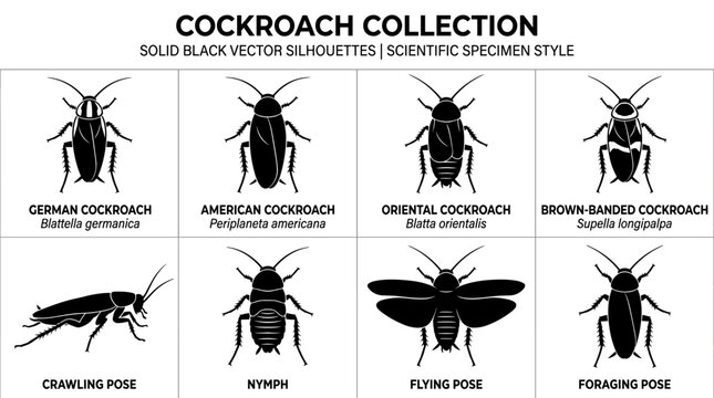 Cockroach Collection Vector Icon Set in Minimal Black Monochrome Silhouette Flat Design