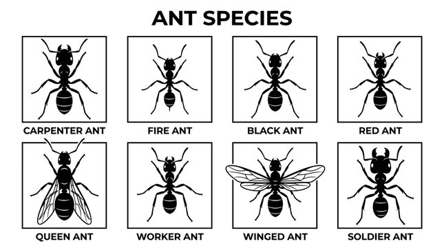 Ant Species Vector Icon Set with Minimal Black Silhouette Entomology Classification Design