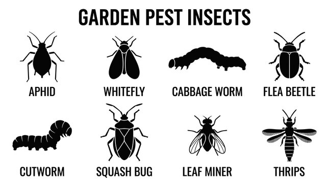 Garden Pest Insects Vector Icon Set in Minimal Black Silhouette Flat Design