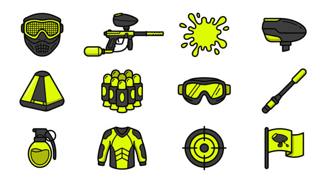 Paintball Gear Icons: Mask, Gun, Paint Splat, Hopper, Flag