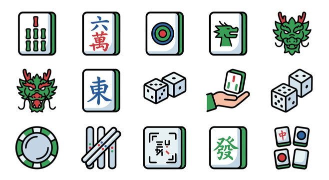Mahjong Game Icons: Tiles, Dice, Chips & Dragon
