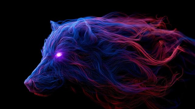 Glowing neon wolf emerging and forming from flowing light strands on dark background for fantasy and gaming intro
