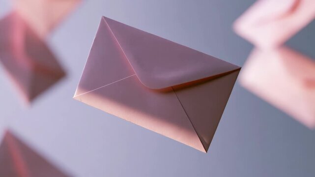Pink envelopes floating and falling in studio for email and communication concept