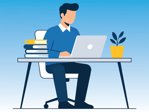 Man Working on Laptop at Desk, Flat Illustration