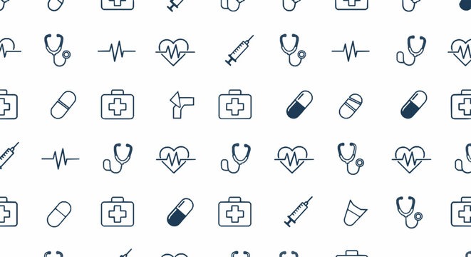 Seamless medical healthcare pattern featuring stethoscope heartbeat syringe and pharmacy kit icons on white background