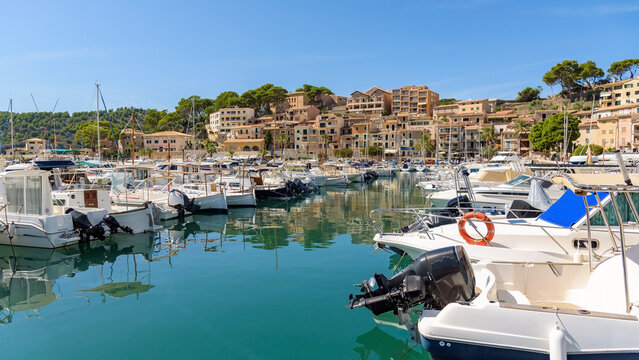 Motorboats moored in marina in Port de Soller on Mallorca