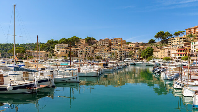 Motorboats moored in marina in Port de Soller on Mallorca