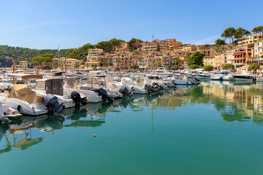 Marina view with moored boats in Port de Soller on Mallorca