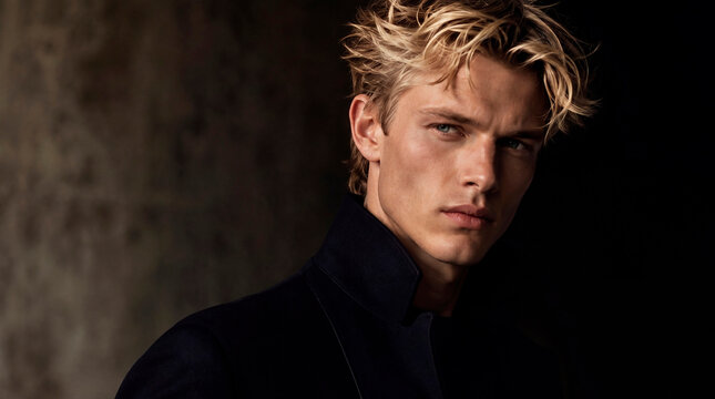 Cinematic close-up portrait of a handsome blond male model wearing a dark high-collar coat. The dramatic lighting, tousled hair, and confident expression create a luxurious high-fashion editorial aest