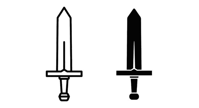 Vector illustration of set of two sword icons, outline and silhouette style on a transparent background
