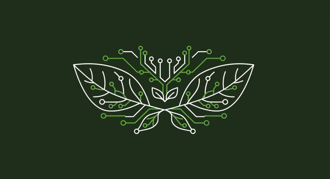 Eco technology leaves with circuit board lines logo