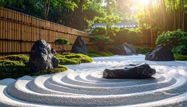 Serene Rock Garden with Moss Islands and Bamboo