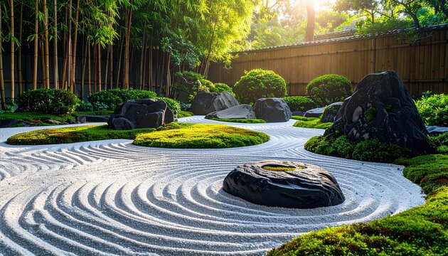 Peaceful Japanese Zen Rock Garden in Morning Light