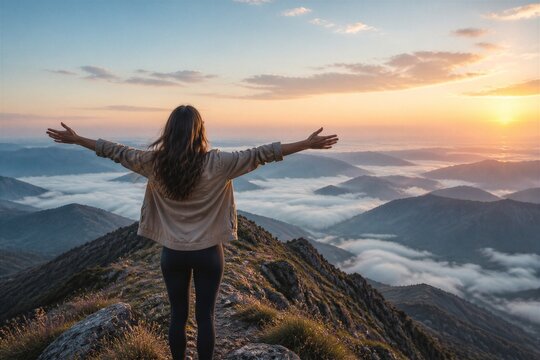Woman standing with arms outstretched on mountain ridge at sunrise