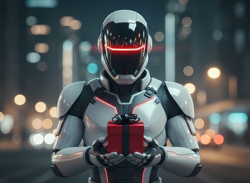A futuristic cyborg machine wears advanced gear while holding a festive red present package during the evening hours in a metropolitan area filled with glowing lights reflecting on the metallic