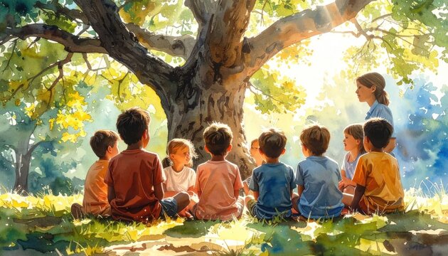 Children Gathered Under Large Tree for Outdoor Lesson with Teacher, Watercolor Style