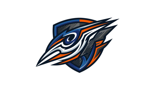Aggressive mechanical tribal head logo with sharp edges.