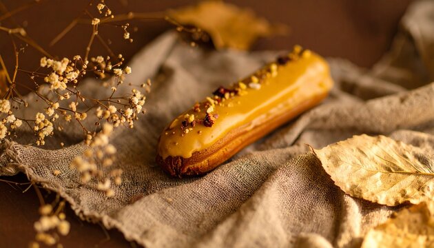gourmet eclair with caramel glaze and autumn decor on linen cloth