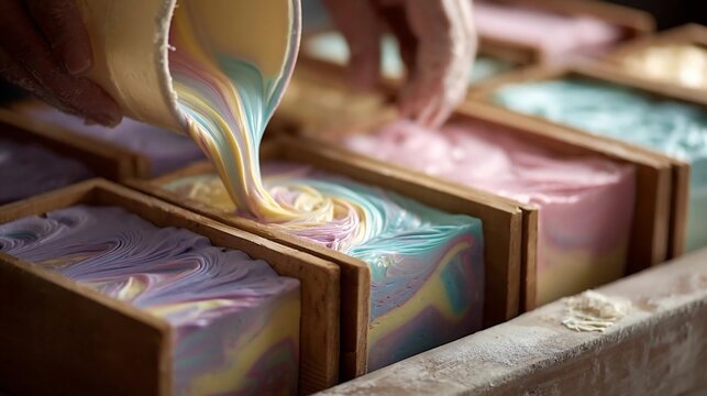 Liquid multicolored soap mixture pouring into wooden molds on a craft workshop table