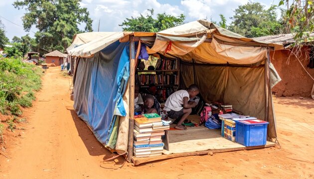 Children learn and read in a makeshift outdoor library in an African village, symbolizing education and hope amidst poverty.