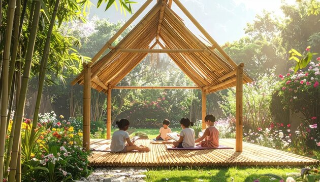 Children learning in a beautiful bamboo pavilion surrounded by lush gardens and blooming flowers.