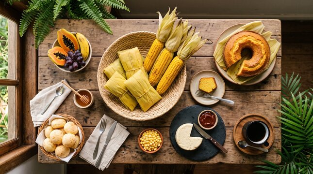 traditional Brazilian country breakfast with fresh pamonha, bolo de fub&aacute;